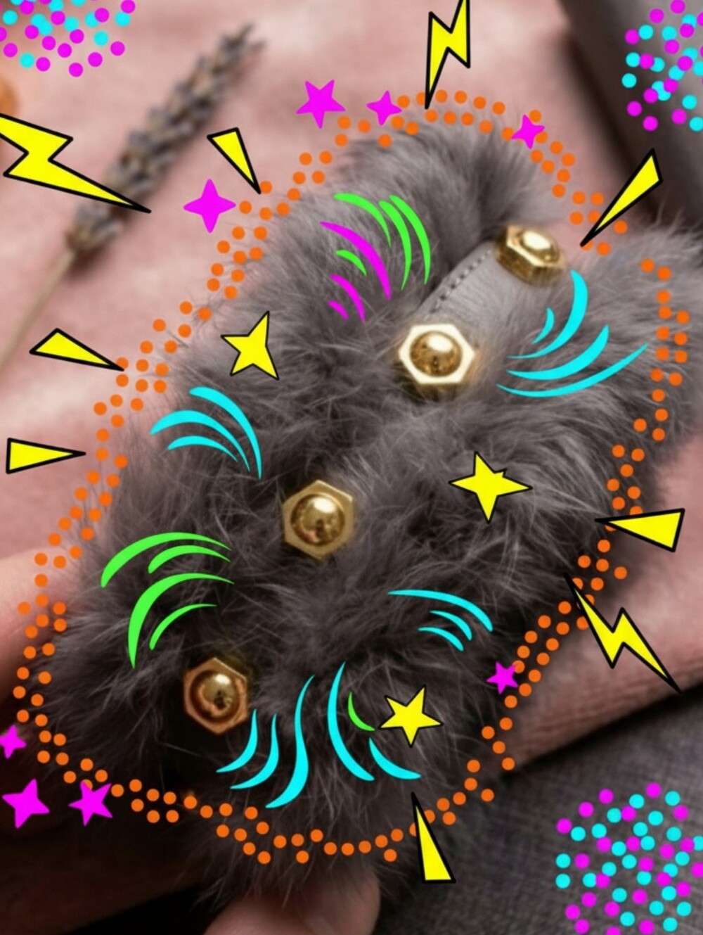Luxe Statement Wrist Cuff with Gold Studs In Gray/Gold Feels Like Leather & Fur